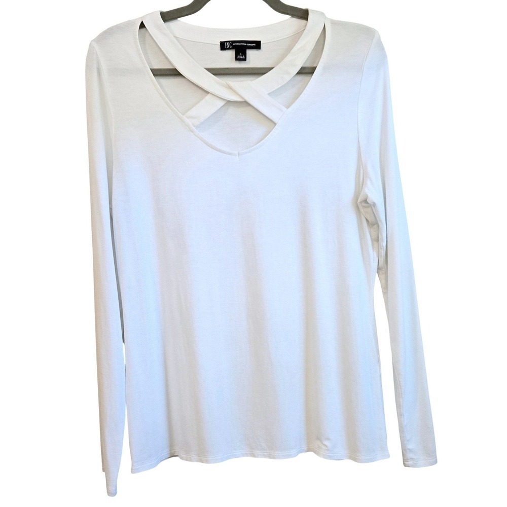 INC Intl. Concepts Classic Chic White Criss-Cross Neck Long Sleeve Top Womens L